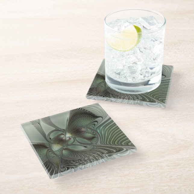 Abstract Olive Sage Green Grey Fractal Art Fantasy Glass Coaster (Angled)