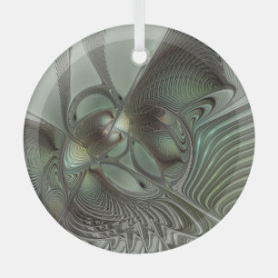 Abstract Olive Sage Green Grey Fractal Art Fantasy Glass Tree Decoration