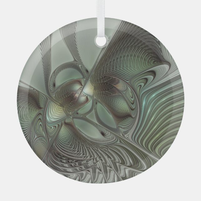 Abstract Olive Sage Green Grey Fractal Art Fantasy Glass Tree Decoration (Front)