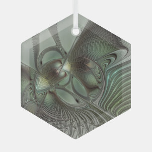 Abstract Olive Sage Green Grey Fractal Art Fantasy Glass Tree Decoration
