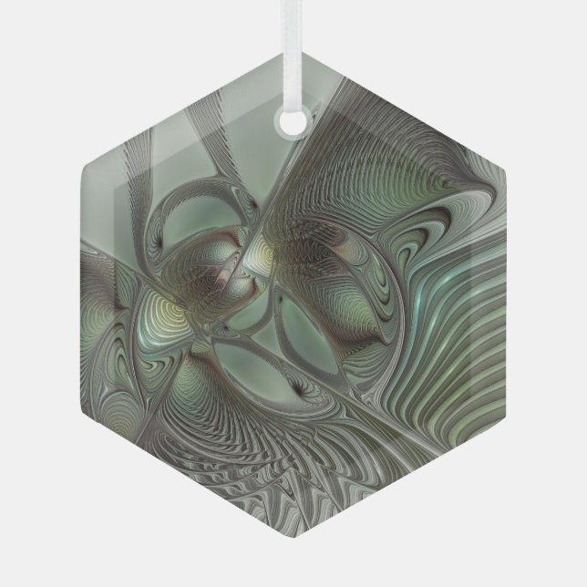 Abstract Olive Sage Green Grey Fractal Art Fantasy Glass Tree Decoration (Front)