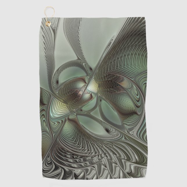 Abstract Olive Sage Green Grey Fractal Art Fantasy Golf Towel (Front)