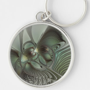 Abstract Olive Sage Green Grey Fractal Art Fantasy Key Ring