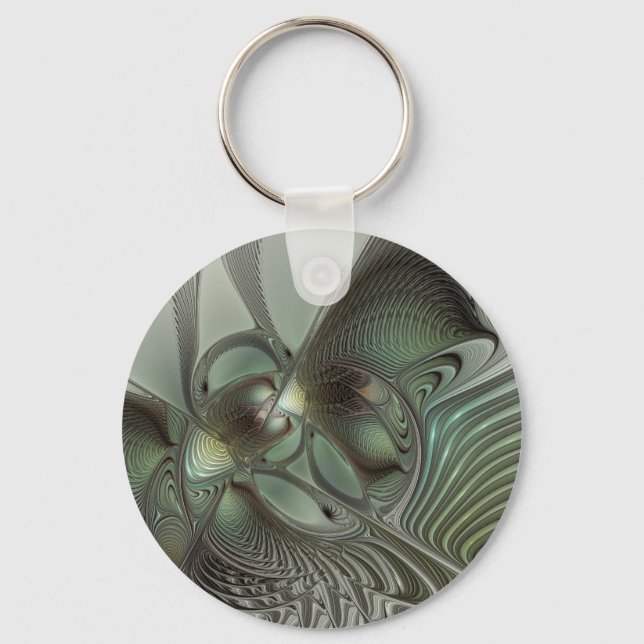 Abstract Olive Sage Green Grey Fractal Art Fantasy Key Ring (Front)