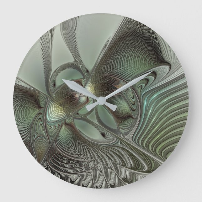 Abstract Olive Sage Green Grey Fractal Art Fantasy Large Clock (Front)