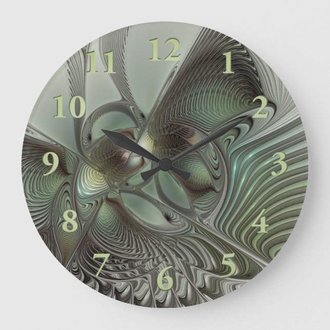 Abstract Olive Sage Green Grey Fractal Art Fantasy Large Clock (Front)