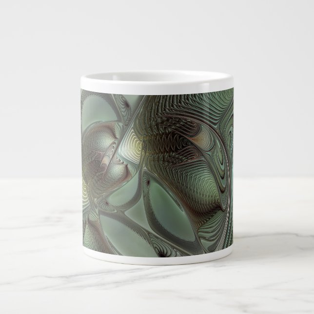 Abstract Olive Sage Green Grey Fractal Art Fantasy Large Coffee Mug (Front)