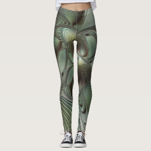 Abstract Olive Sage Green Grey Fractal Art Fantasy Leggings