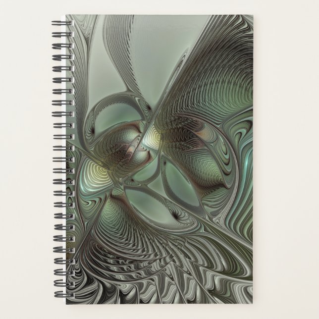 Abstract Olive Sage Green Grey Fractal Art Fantasy Planner (Front)
