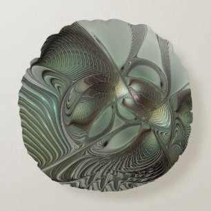 Abstract Olive Sage Green Grey Fractal Art Fantasy Round Cushion