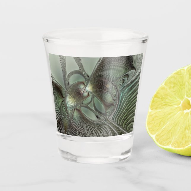 Abstract Olive Sage Green Grey Fractal Art Fantasy Shot Glass (Front)