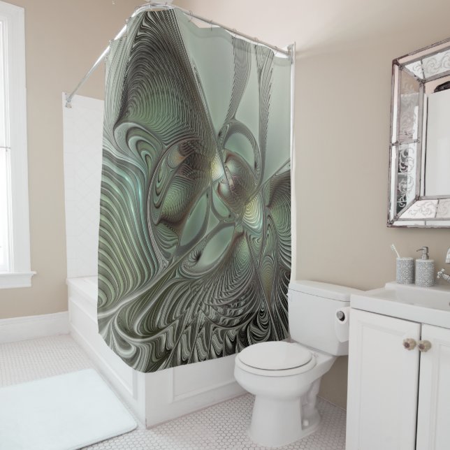 Abstract Olive Sage Green Grey Fractal Art Fantasy Shower Curtain (In Situ)