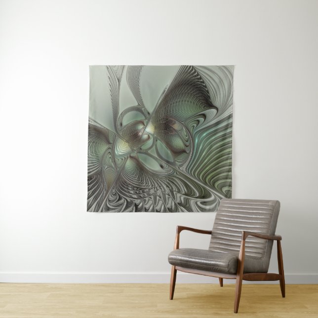 Abstract Olive Sage Green Grey Fractal Art Fantasy Tapestry (In Situ)