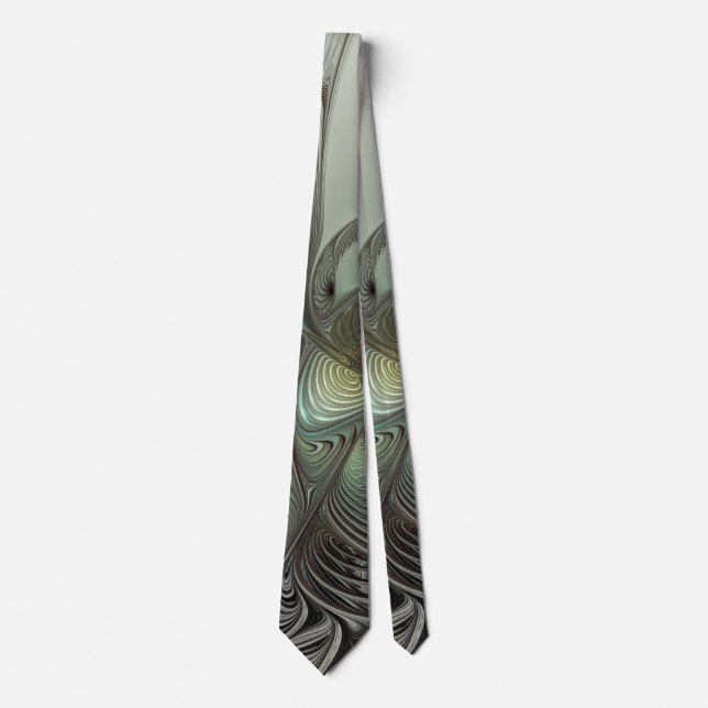Abstract Olive Sage Green Grey Fractal Art Fantasy Tie (Front)