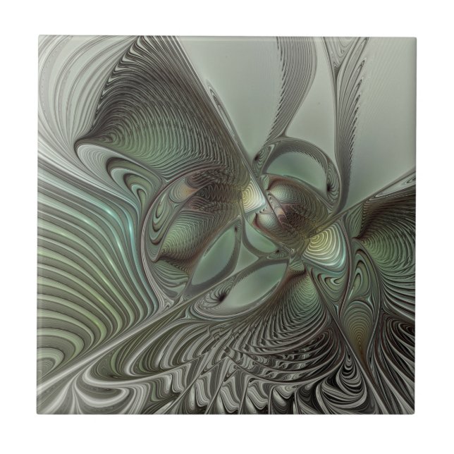 Abstract Olive Sage Green Grey Fractal Art Fantasy Tile (Front)