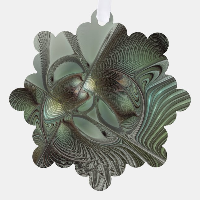 Abstract Olive Sage Green Grey Fractal Art Fantasy Tree Decoration Card (Front)