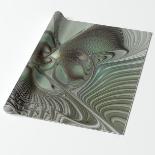 Abstract Olive Sage Green Grey Fractal Art Fantasy Wrapping Paper