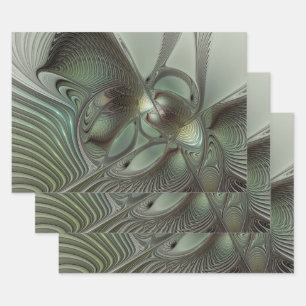 Abstract Olive Sage Green Grey Fractal Art Fantasy Wrapping Paper Sheet