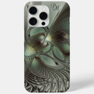 Abstract Olive Sage Green Grey Fractal Initials iPhone 15 Pro Max Case