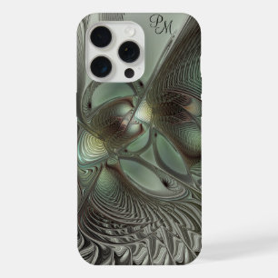 Abstract Olive Sage Green Grey Fractal Initials iPhone 15 Pro Max Case