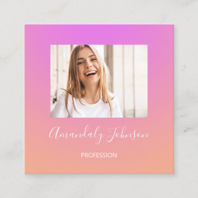 Abstract OMBRÉ Pink Ombré Custom Photo Pink Square Business Card (Front)