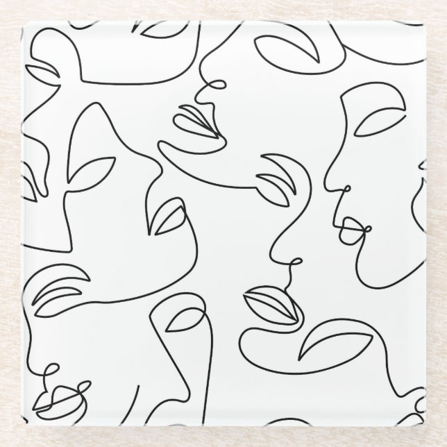 Abstract One Line Face Pattern Glass Coaster (Front)