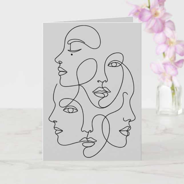 Abstract One Line Faces Minimalist Art Card (Orchid)
