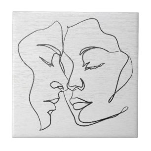 Abstract One Line Lovers Face Ceramic Tile