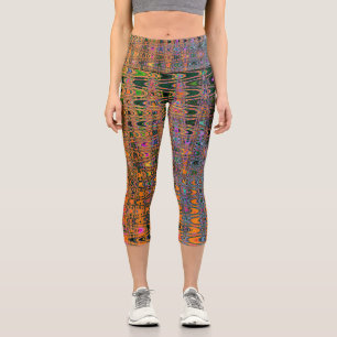 Abstract Orange and Aqua Retro Boomerang Waves Capri Leggings