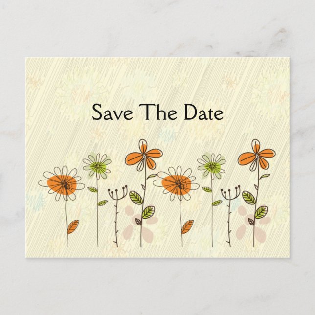 Abstract Orange and Lime Flowers Save The Date Announcement Postcard (Front)