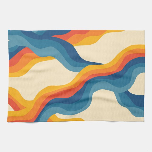 Abstract Orange Blue Retro Wavy Stripe Modern Bold Tea Towel (Horizontal)