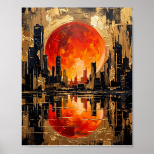 Abstract Orange Moon City Skyline Oil Painting Art Poster