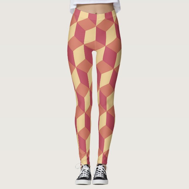 Abstract Orange Red Cube Pattern Leggings (Front)