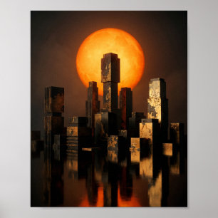 Abstract Orange Sun City Skyline Textured Art Poster