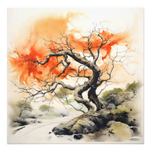 Abstract Orange Tree Ink Painting Photo Print