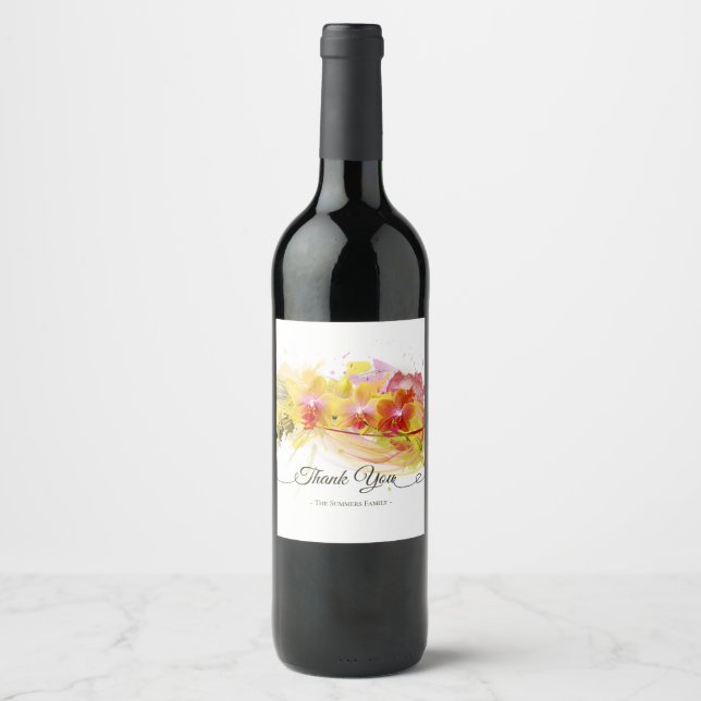 Abstract Orchids Colour Splash Calligraphy Wine Label (Front)