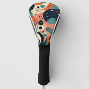 Abstract Organic Shapes Navy Coral Teal Cream Golf Head Cover