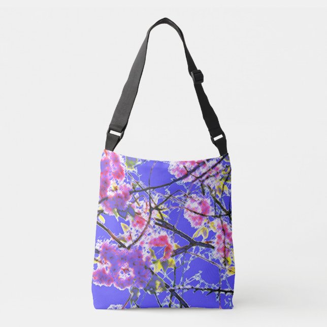 Abstract oriental flower blossom print blue crossbody bag (Front)