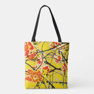 Abstract oriental flower blossom print yellow tote bag