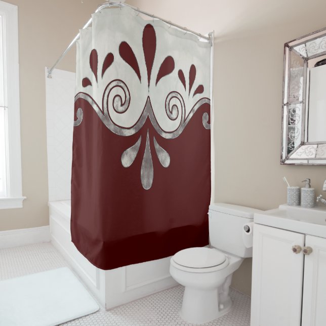 Abstract ornamental shape in burgundy and silver shower curtain (In Situ)