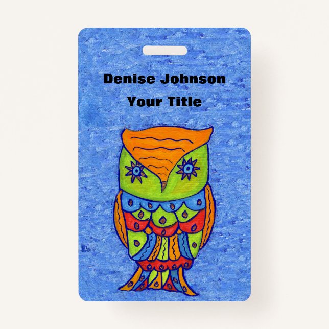 Abstract Owl Bright Colours Star Eyes on Blues ID Badge (Front)