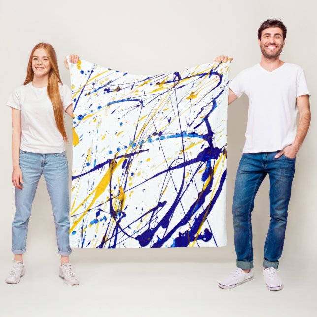 Abstract paint blue and gold splatter fleece blanket (In Situ)