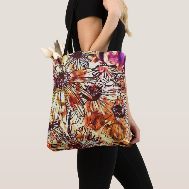 Abstract Paint Daub Sunflower Pattern Tote Bag (Close Up)