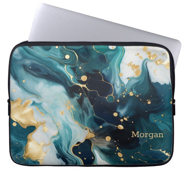Abstract Paint Design, Gold Name or Monogram Laptop Sleeve (Front)