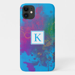 Abstract Paint Splashes, Swirls Blue Monogram iPhone 11 Case
