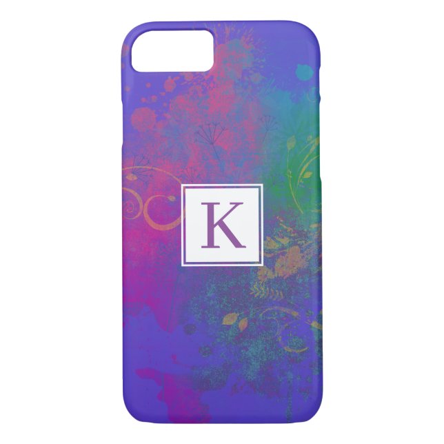 Abstract Paint Splashes, Swirls on Purple Monogram Case-Mate iPhone Case (Back)