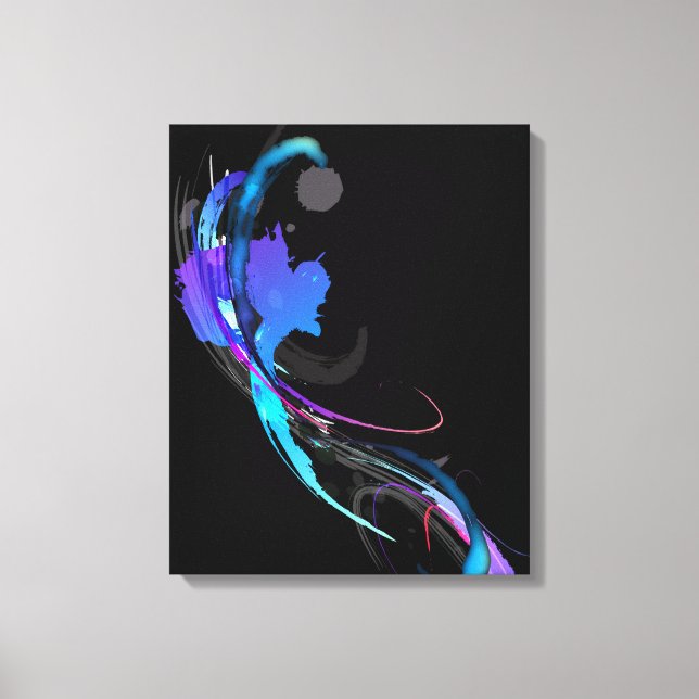 Abstract Paint Splatter Morning Glory on Black Canvas Print (Front)