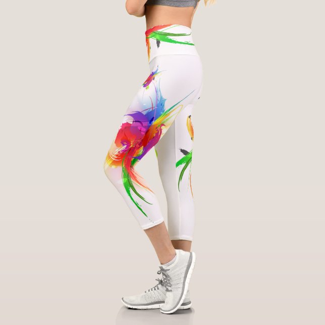 Abstract Paint Splatter Rainbow Lorikeet Capri Leggings (Left)