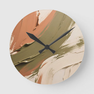 Abstract Paint Strokes Neutral Earth Tones Round Clock