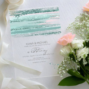 Abstract Paint Strokes Wedding Teal V3 ID886 Acrylic Invitations